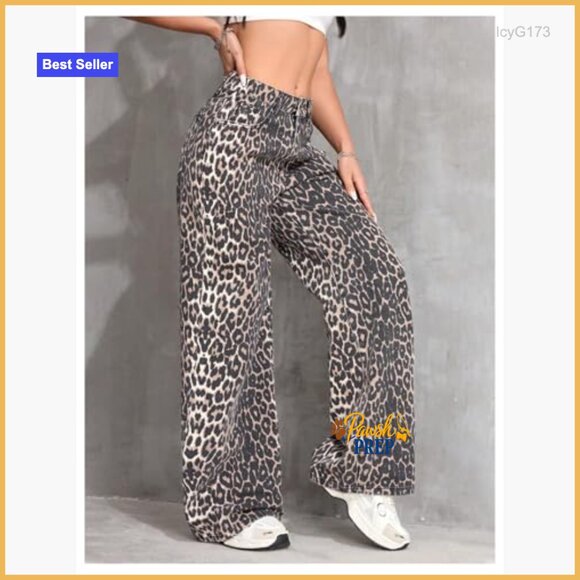 High Waisted Wide Leg Jeans Y2K Animal Print Casual Denim Pants - Picture 2 of 5